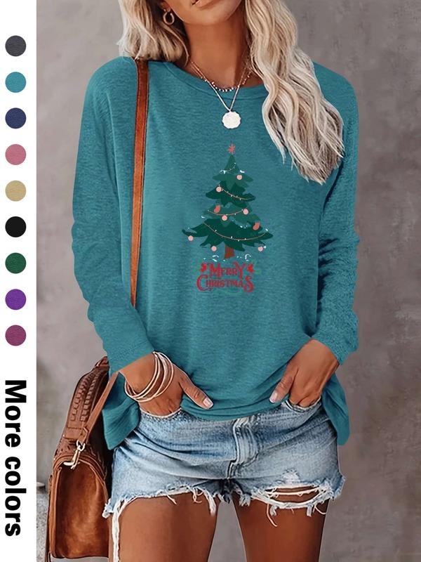 Women's Christmas Tree Print Long Sleeve Casual Fitted T-Shirt, Comfortable Fabric, Available in 9 Colors, All Seasons...