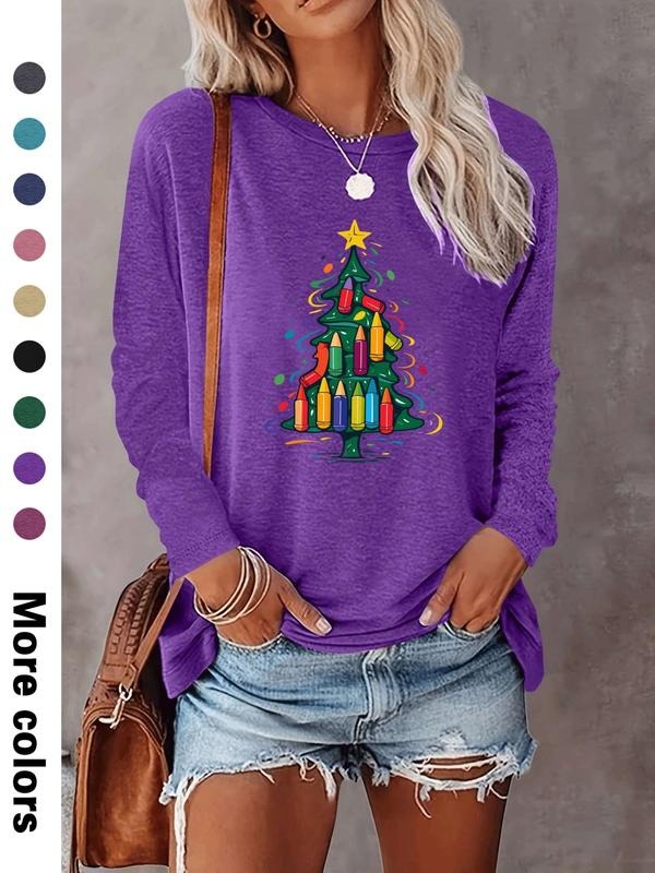 Women's Christmas Tree Print Long Sleeve Casual Fitted T-Shirt, Comfortable Fabric, Available in 9 Colors, All Seasons...