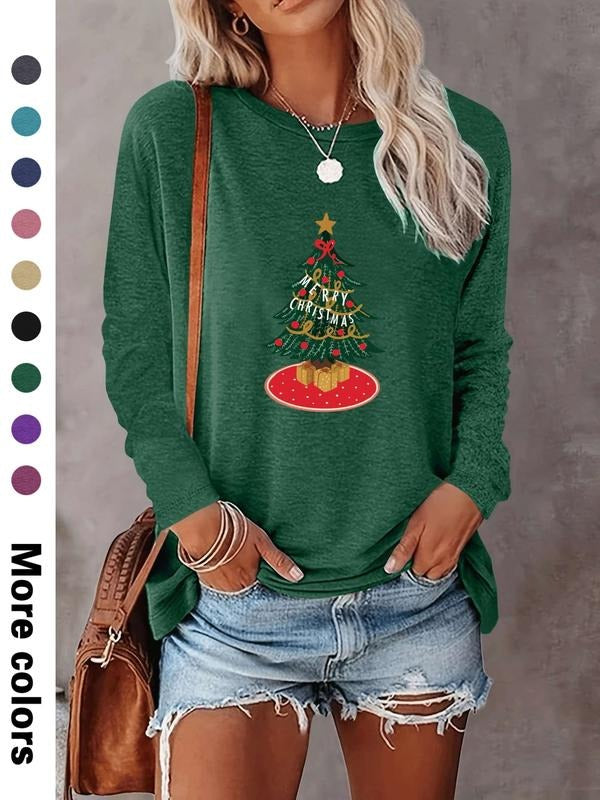 Women's Christmas Tree Print Long Sleeve Casual Fitted T-Shirt, Comfortable Fabric, Available in 9 Colors, All Seasons...