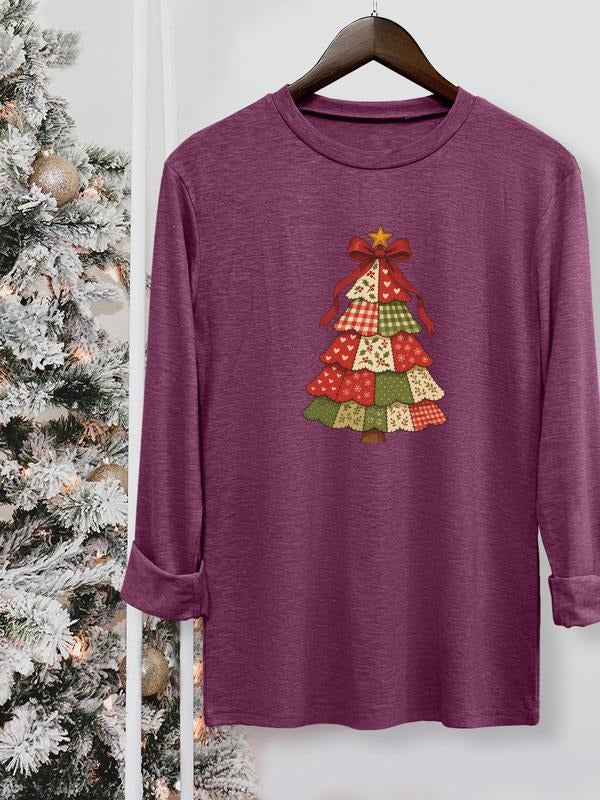 Women's Christmas Tree Print Long Sleeve Casual Fitted T-Shirt, Comfortable Fabric, Available in 9 Colors, All Seasons...