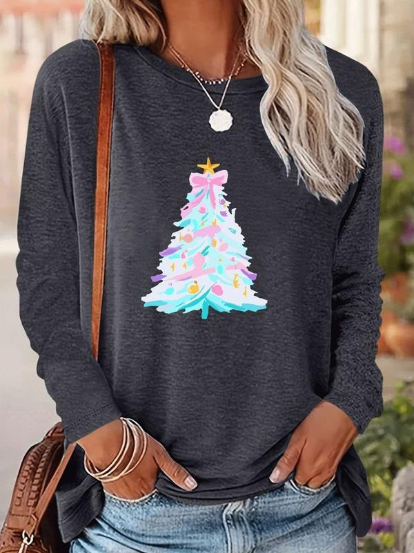 Women's Christmas Tree Print Long Sleeve Casual Fitted T-Shirt, Comfortable Fabric, Available in 9 Colors, Perfect for...