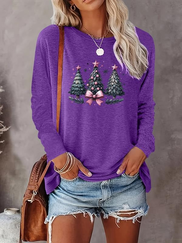 Women's Christmas Tree Print Long Sleeve Fitted Casual T-Shirt, Comfortable Fabric, Available in 10 Colors, All Seasons...