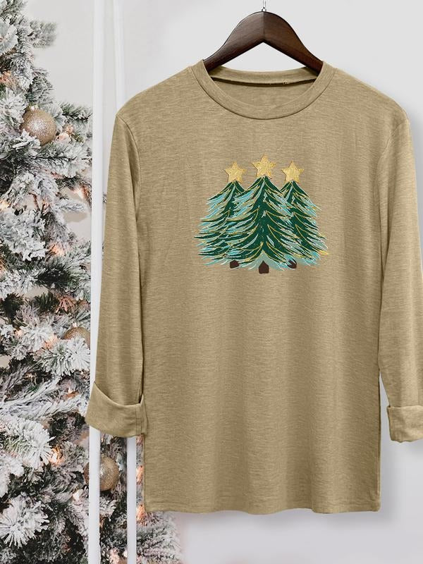 Women's Christmas Tree Print Long Sleeve Fitted Casual T-Shirt, Comfortable Fabric, Available in 10 Colors, All Seasons...