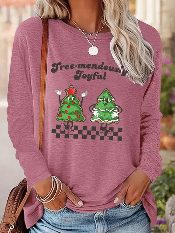 Women's Christmas Tree Print Long Sleeve Fitted Casual T-Shirt, Comfortable Fabric, Available in 6 Colors, Perfect for...