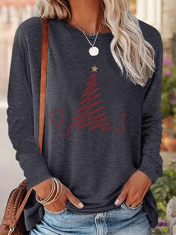 Women's Christmas Tree Print Long Sleeve Fitted Casual T-Shirt, Comfortable Fabric, Available in 9 Colors, All Seasons...