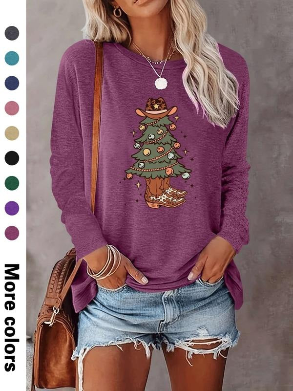 Women's Christmas Tree Print Long Sleeve Fitted Casual T-Shirt, Comfortable Fabric, Available in 9 Colors, All Seasons...
