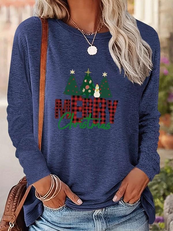Women's Christmas Tree Print Long Sleeve Fitted Casual T-Shirt, Comfortable Fabric, Available in 9 Colors, All Seasons...