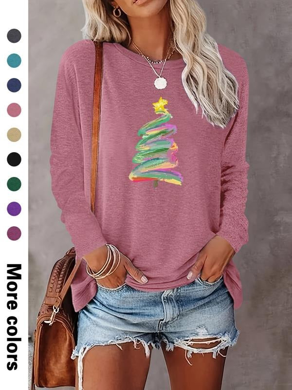 Women's Christmas Tree Print Long Sleeve Round Neck Casual Fitted T-Shirt Top, Comfortable Fabric, Available in 9 Colors...