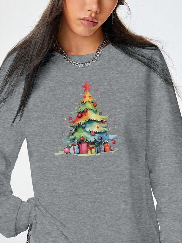 Women's Christmas Tree Print Long Sleeve Round Neck Pullover Sweatshirt, Casual Fall Winter Home Sport Top, 9 Colors...