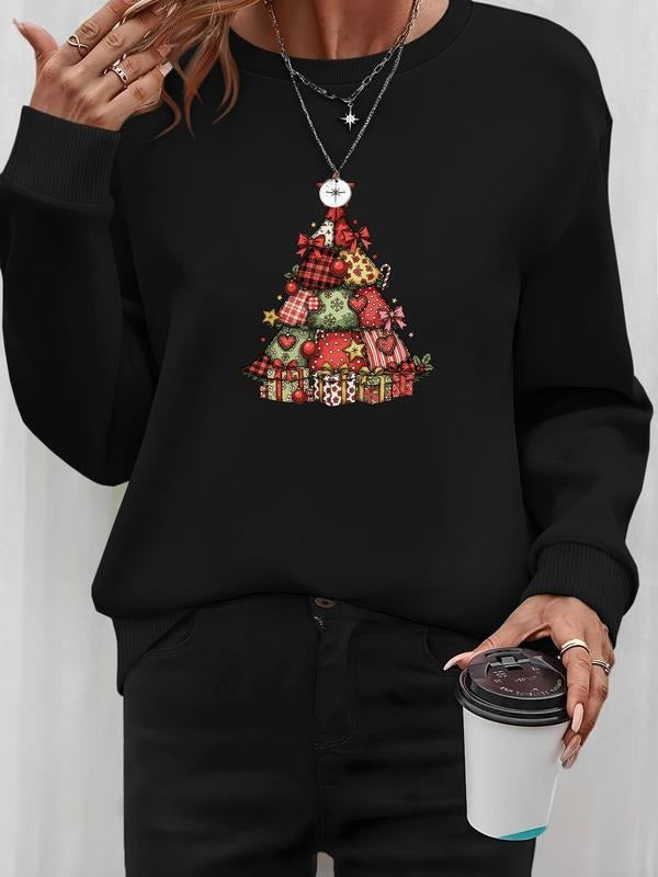 Women's Christmas Tree Print Long Sleeve Round Neck Pullover Sweatshirt, Casual Fashion Sportswear, 7 Colors Available...