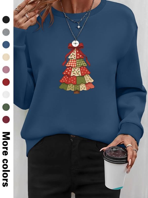 Women's Christmas Tree Print Long Sleeve Round Neck Pullover Sweatshirt, Casual Fitted Design, Available in 9 Colors...