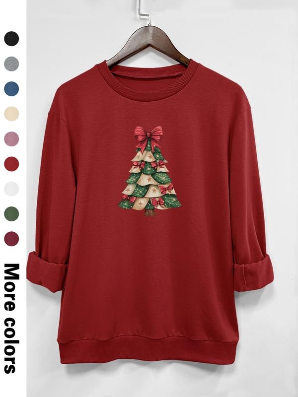 Women's Christmas Tree Print Long Sleeve Round Neck Pullover Sweatshirt, Casual Fitted Design, Available in 9 Colors...