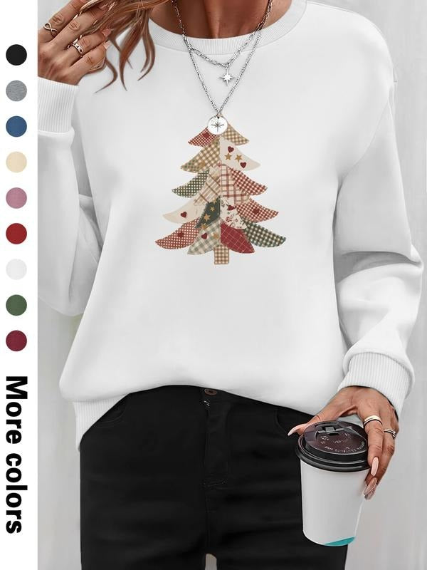 Women's Christmas Tree Print Long Sleeve Round Neck Pullover Sweatshirt, Casual Fitted Design, Available in 9 Colors...