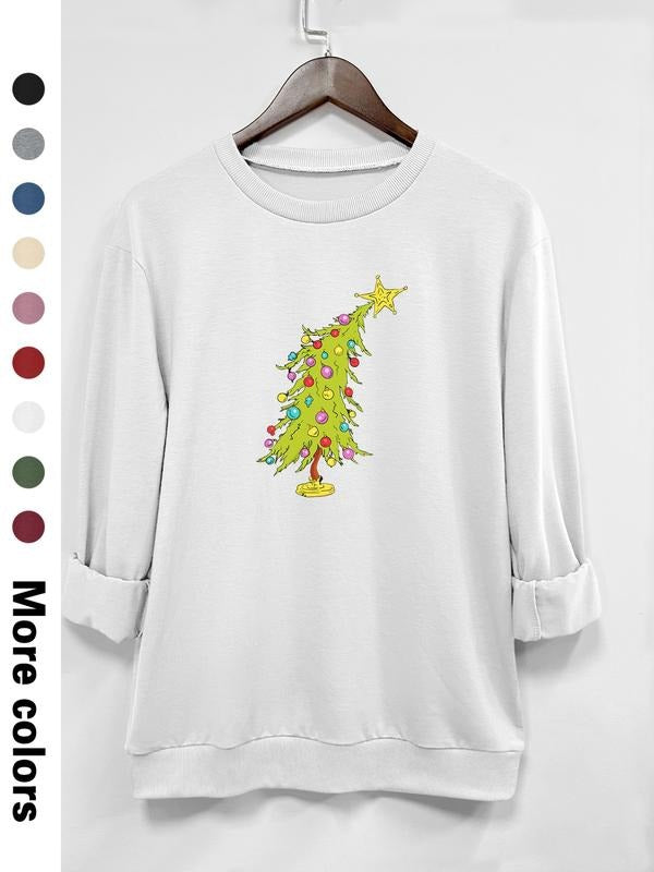 Women's Christmas Tree Print Long Sleeve Round Neck Pullover Sweatshirt, Casual Fitted Design, Available in 9 Colors...