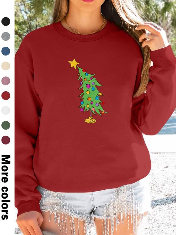 Women's Christmas Tree Print Long Sleeve Round Neck Pullover Sweatshirt, Casual Fitted Design, Available in 9 Colors...