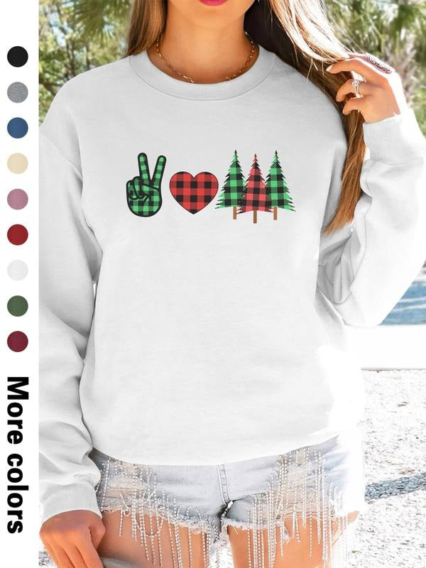 Women's Christmas Tree Print Long Sleeve Round Neck Pullover Sweatshirt, Casual Fitted Design, Available in 9 Colors...