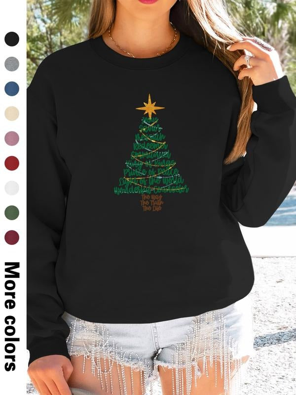 Women's Christmas Tree Print Long Sleeve Round Neck Pullover Sweatshirt, Casual Fitted Design, Available in 9 Colors...
