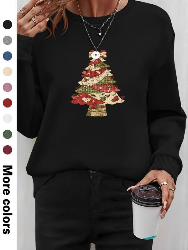 Women's Christmas Tree Print Long Sleeve Round Neck Pullover Sweatshirt, Casual Fitted Design, Available in 9 Colors...