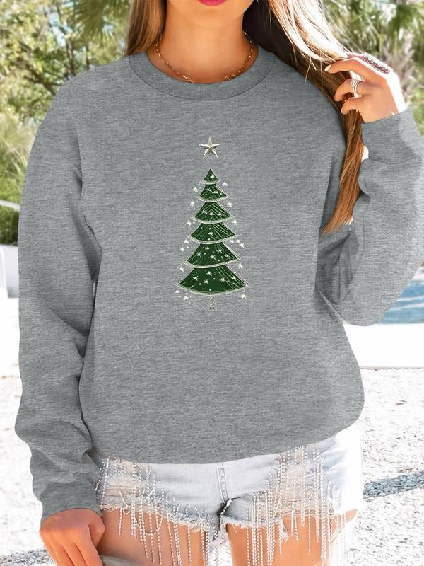 Women's Christmas Tree Print Long Sleeve Round Neck Pullover Sweatshirt, Casual Fitted Design, Available in Multiple...
