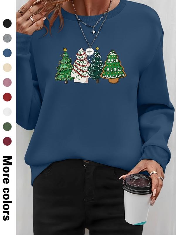 Women's Christmas Tree Print Long Sleeve Round Neck Pullover Sweatshirt, Casual Fitted H-Type Design, Available in 9...
