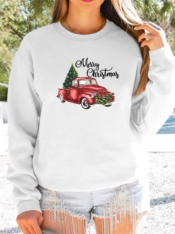 Women's Christmas Tree Print Long Sleeve Round Neck Pullover Sweatshirt, Casual Fitted Style, Spring & Fall Fashion, 7...