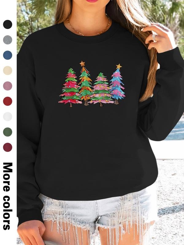Women's Christmas Tree Print Long Sleeve Round Neck Pullover Sweatshirt, Casual Fitted Style, Spring & Fall Fashion, 9...