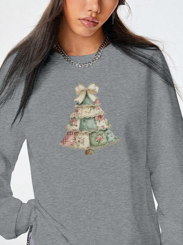 Women's Christmas Tree Print Long Sleeve Round Neck Pullover Sweatshirt, Casual Fitted Top for Fall & Winter, 9 Colors...