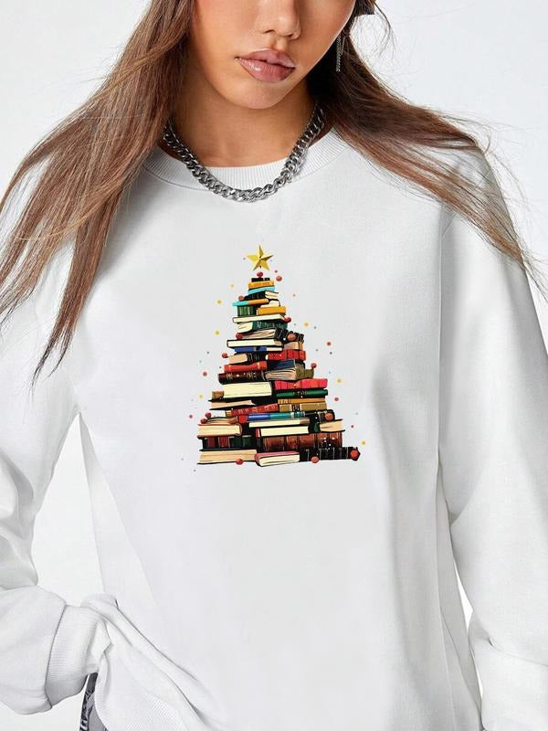 Women's Christmas Tree Print Long Sleeve Sweatshirt, Casual Fitted Round Neck Pullover, Fall & Winter Home Sport Top, 9...