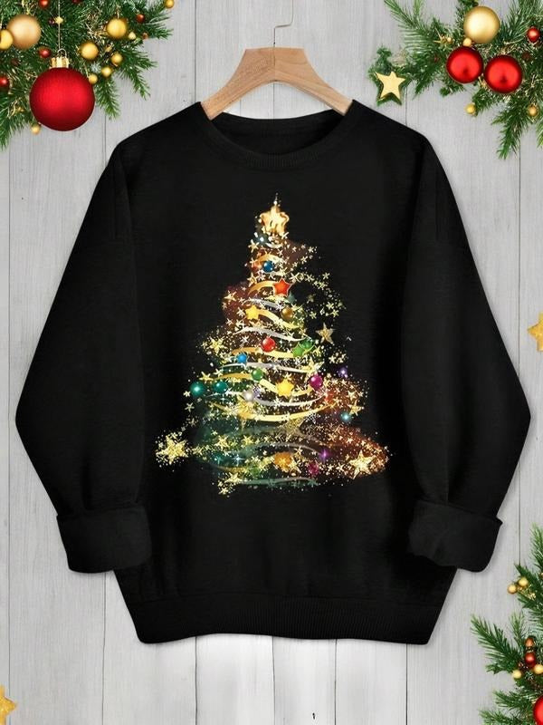 Women's Christmas Tree Print Round Neck Sweatshirt, Casual Long Sleeve Pullover for Fall & Winter, Women's Clothes for...