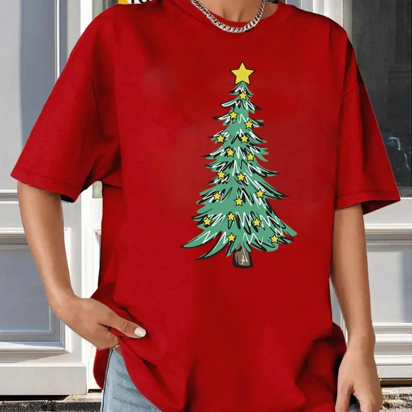 Women's Christmas Tree Print Round Neck Tee, Casual Drop Shoulder Short Sleeve T-shirt for Summer, Women's Top for Daily...