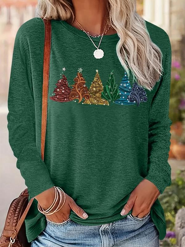 Women's Christmas Tree Print Round Neck Tee, Casual Long Sleeve T-shirt for Fall & Winter, Women's Clothes for Daily Wear...
