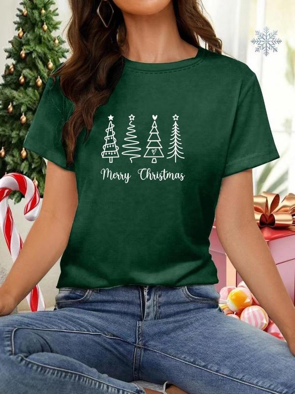 Women's Christmas Tree Print Round Neck Tee, Casual Short Sleeve Crew Neck T-Shirt for All Seasons, Fashion Women's Top...