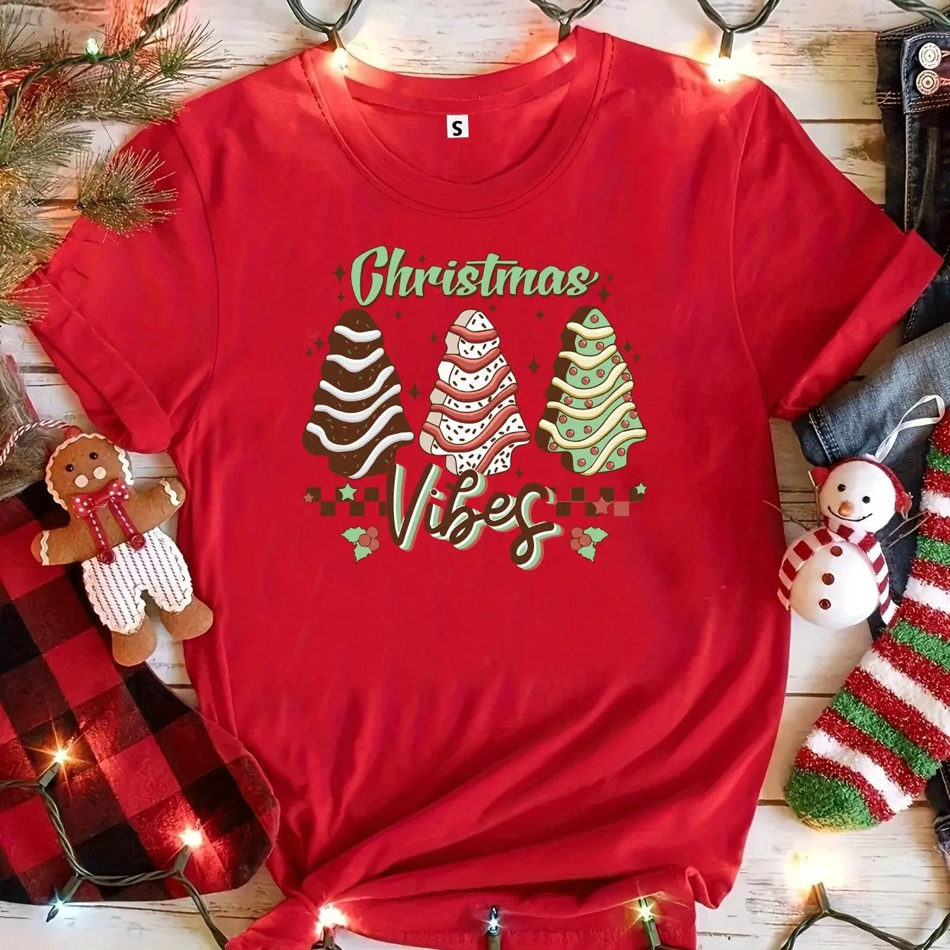 Women's Christmas Tree Print Round Neck Tee, Casual Short Sleeve Crew Neck T-Shirt for All Seasons, Fashion Women's Top...