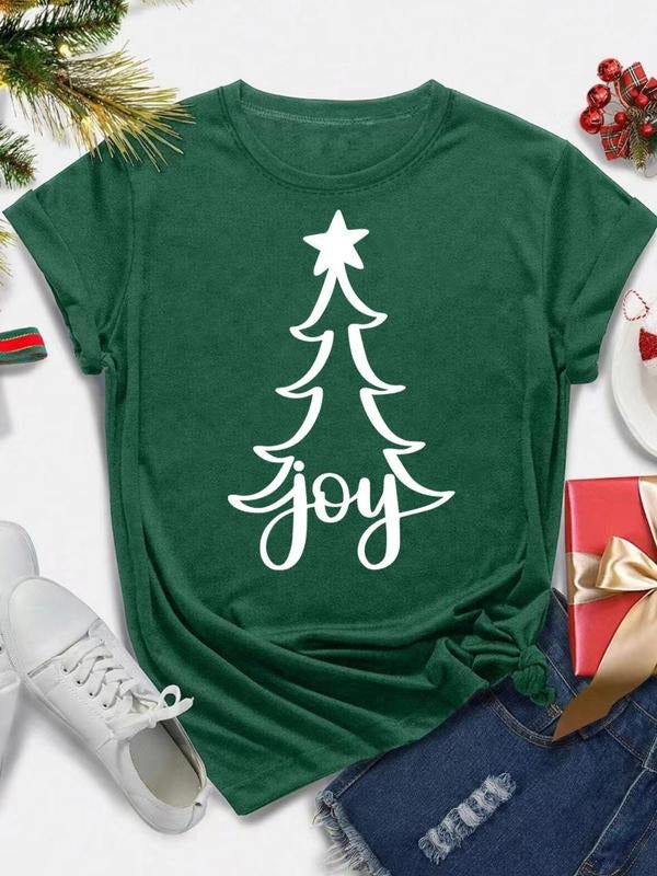 Women's Christmas Tree Print Round Neck Tee, Casual Short Sleeve Crew Neck T-Shirt for Summer, Fashion Women's Top for...
