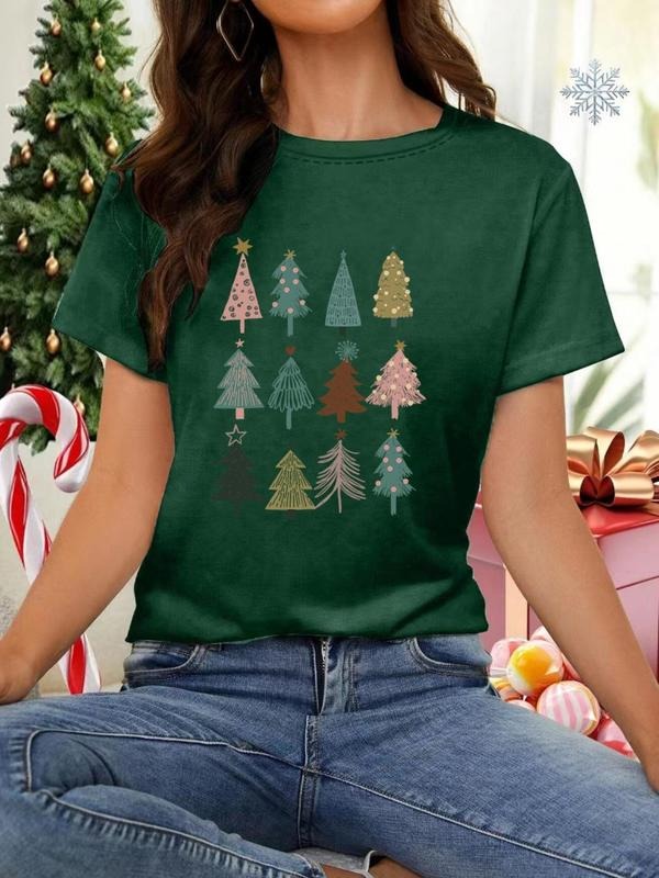 Women's Christmas Tree Print Round Neck Tee, Casual Short Sleeve Crew Neck T-shirt for All Seasons, Fashion Women's Top...