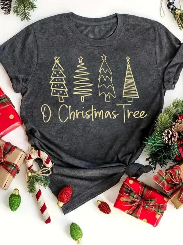 Women's Christmas Tree Print Round Neck Tee, Casual Short Sleeve Crew Neck T-shirt for All Seasons, Fashion Women's Top...