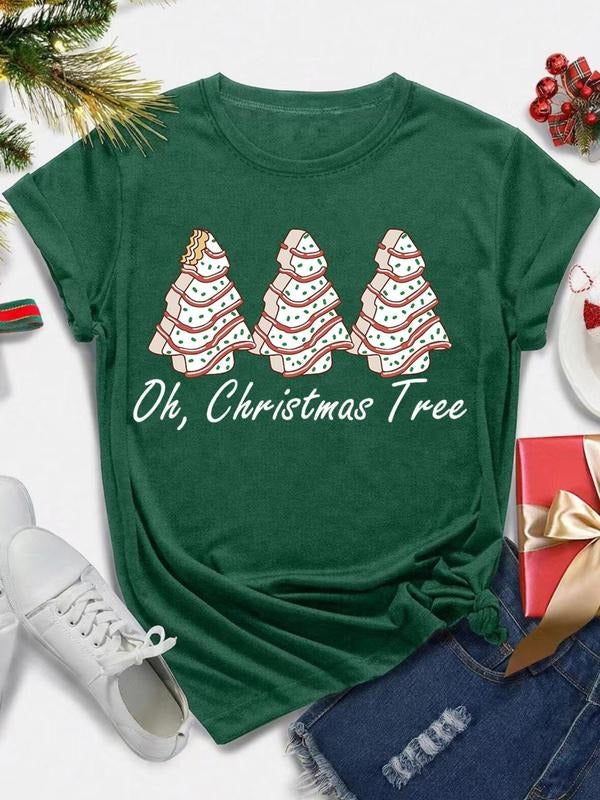 Women's Christmas Tree Print Round Neck Tee, Casual Short Sleeve Crew Neck T-shirt for All Seasons, Fashion Women's Top...