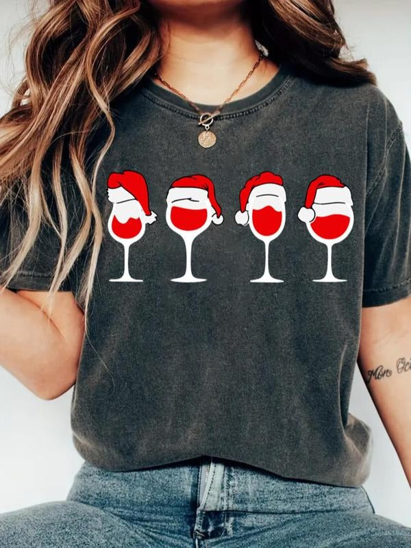 Women's Christmas Wine Glass Print Round Neck Tee, Casual Short Sleeve Crew Neck T-shirt for All Seasons, Fashion Women's...