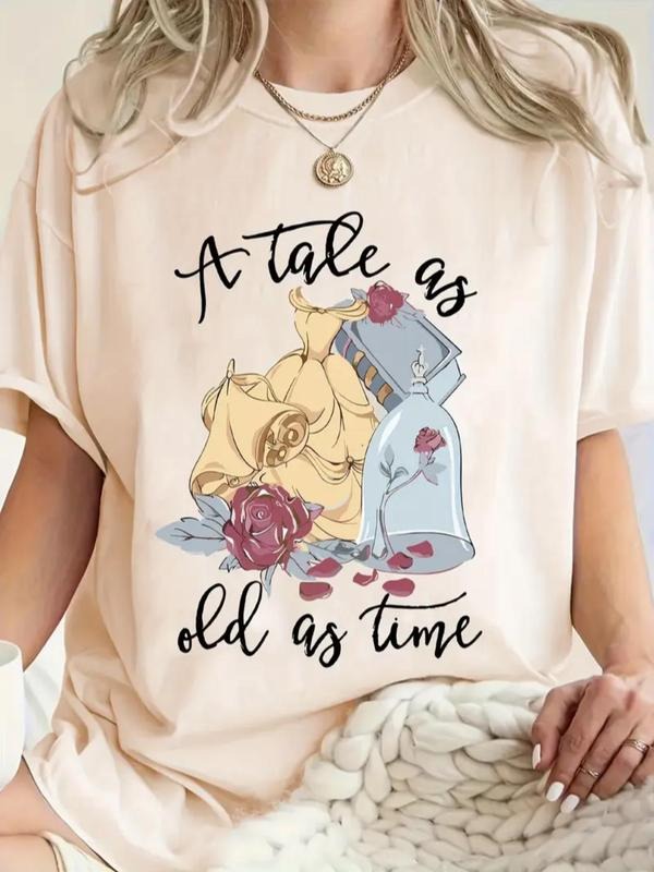 Women's Cinderella Cartoon Letter Print Round Neck Tee, Casual Short Sleeve T-shirt for Daily Wear, Ladies Clothes for...