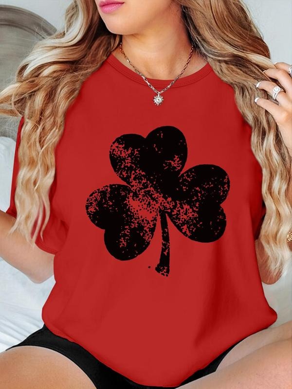 Women's Clover Print Round Neck Tee, Fashion Casual Crew Neck T-Shirt for Daily Holiday Vacation Outdoor Wear, Ladies...