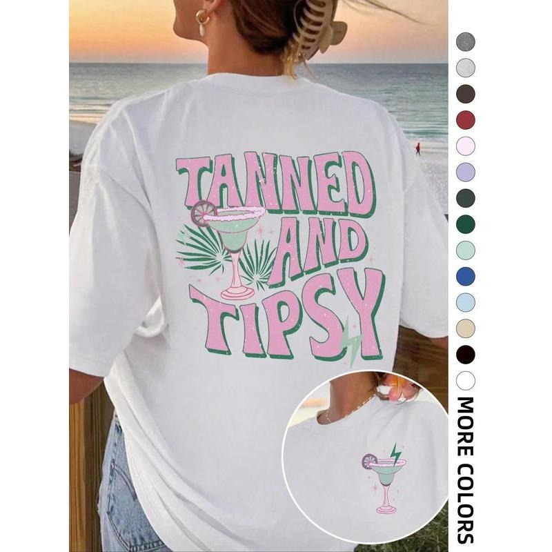 Women's Cocktail & Letter Graphic Drop Shoulder Tee, Casual Short Sleeve Round Neck T-shirt for Summer, Ladies Clothes...