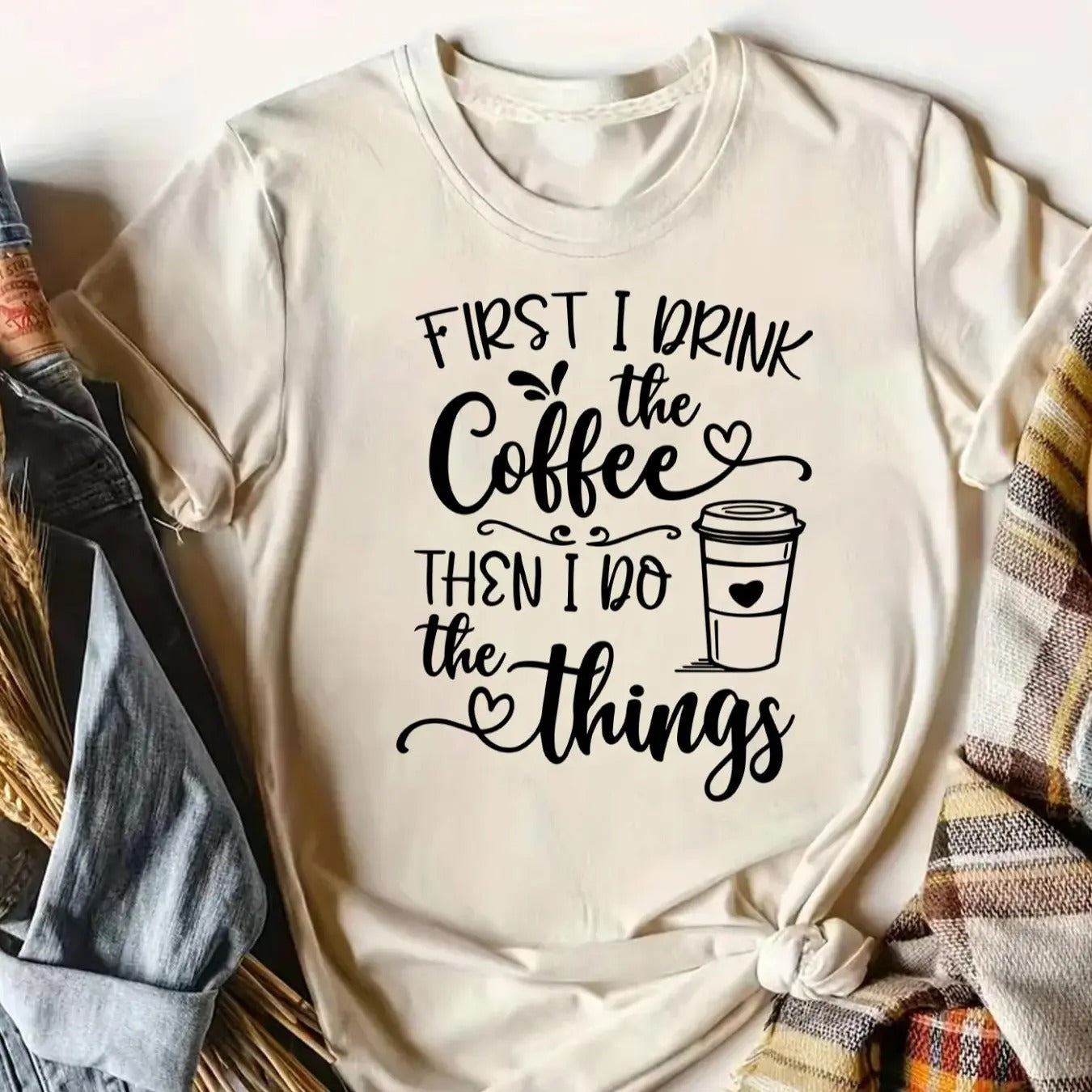 Women's Coffee & Letter Print Round Neck Tee, 1 Count Casual Short Sleeve T-shirt for Daily Wear, Fashion Ladies Clothes...