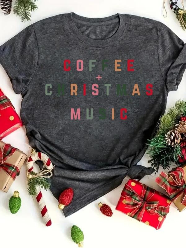 Women's Coffee & Letter Print Round Neck Tee, Casual Short Sleeve Crew Neck T-shirt for All Seasons, Fashion Women's Top...