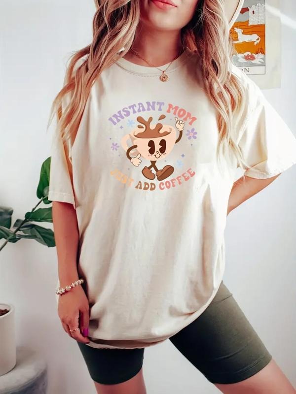 Women's Coffee & Letter Print Round Neck Tee, Fashion Casual Crew Neck T-Shirt for Daily Holiday Vacation Outdoor Wear,...