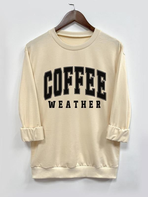 Women's Coffee Letter Print Crew Neck Pullover Sweatshirt, Casual Long Sleeve Top for Spring & Fall, Fashion Women's Top...