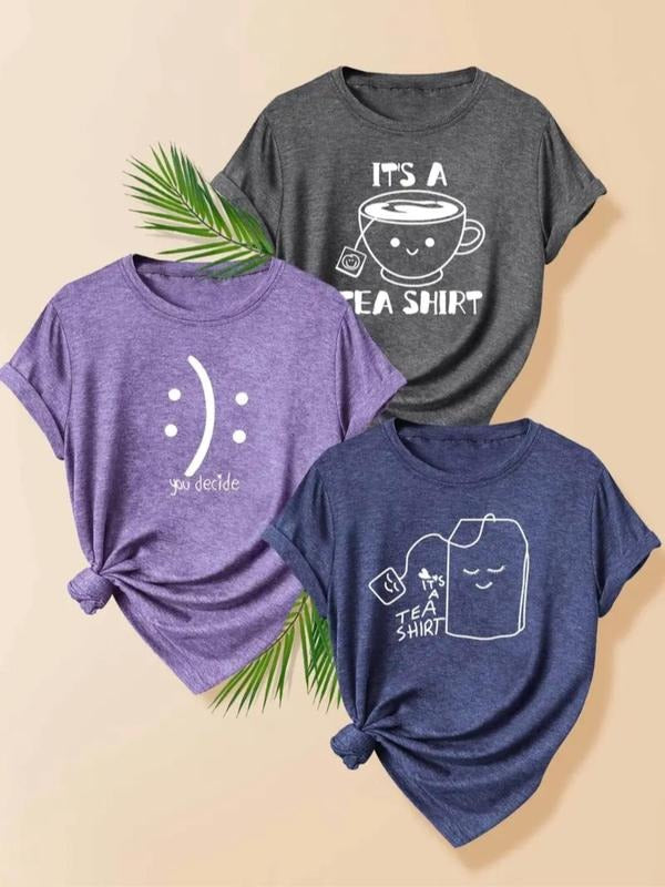 Women's Coffee Print Round Neck Tee, Casual Short Sleeve Crew Neck T-shirt for Daily Wear, Ladies Clothes for Summer...