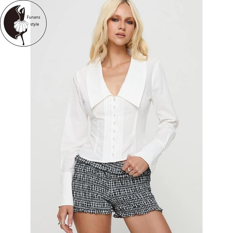 Women's Collared Shirts Fashionable Solid Color Long SleeveFit Button Down Blouse Hoodie Sweatshirt | PrintMintTees.com
