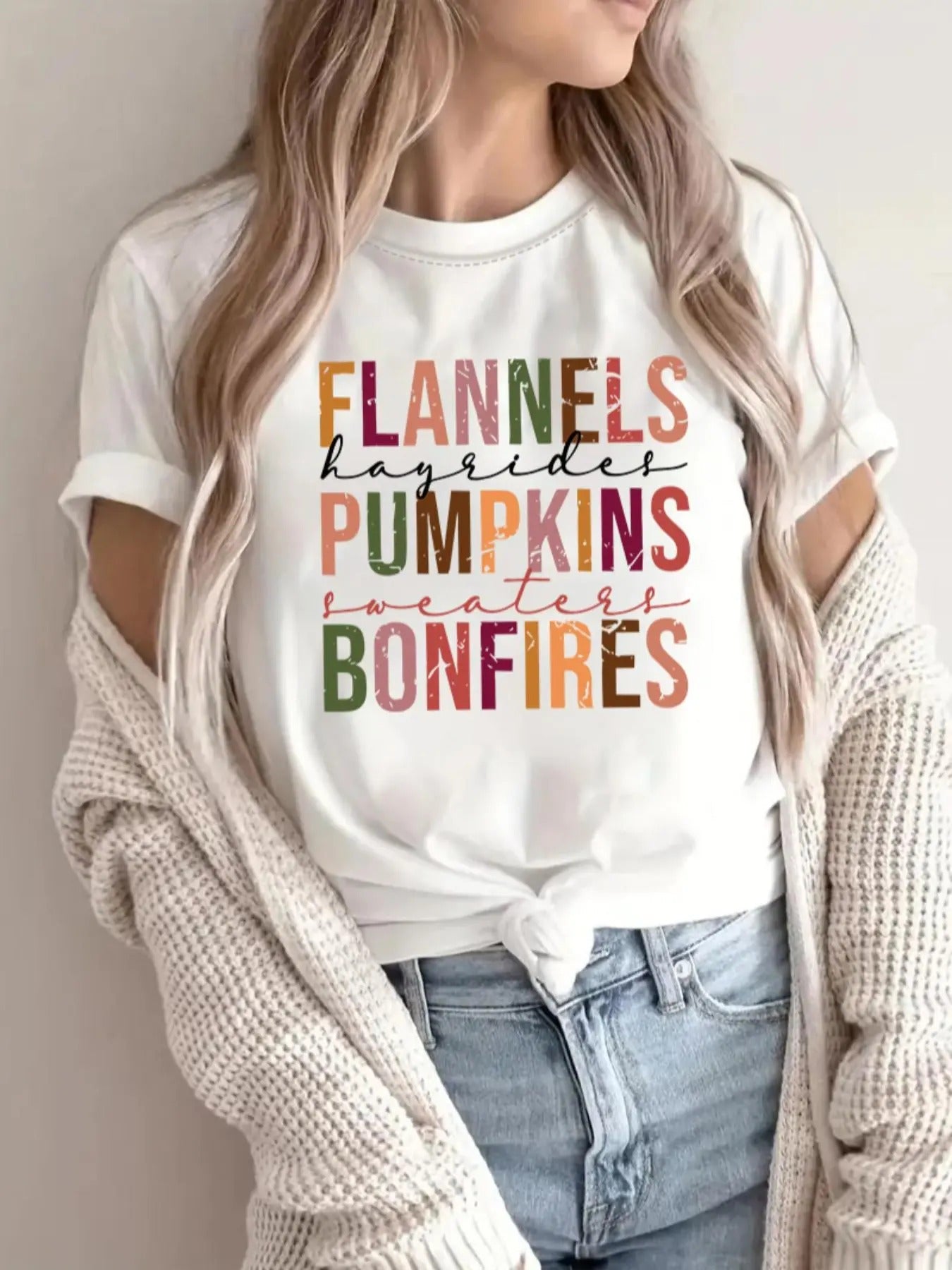 Women's Colorful Letter Print Round Neck Tee, Casual Sweatshirt for All Seasons, Women's Top for Daily Wear Hoodie