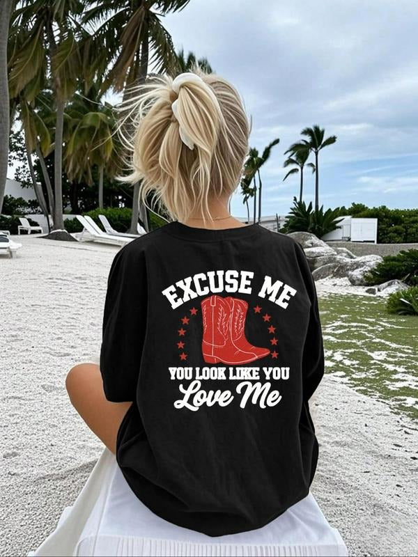 Women's Country Boots Print Round Neck Tee, Casual Short Sleeve T-shirt for Summer, Women's Top for Daily Wear Hoodie...
