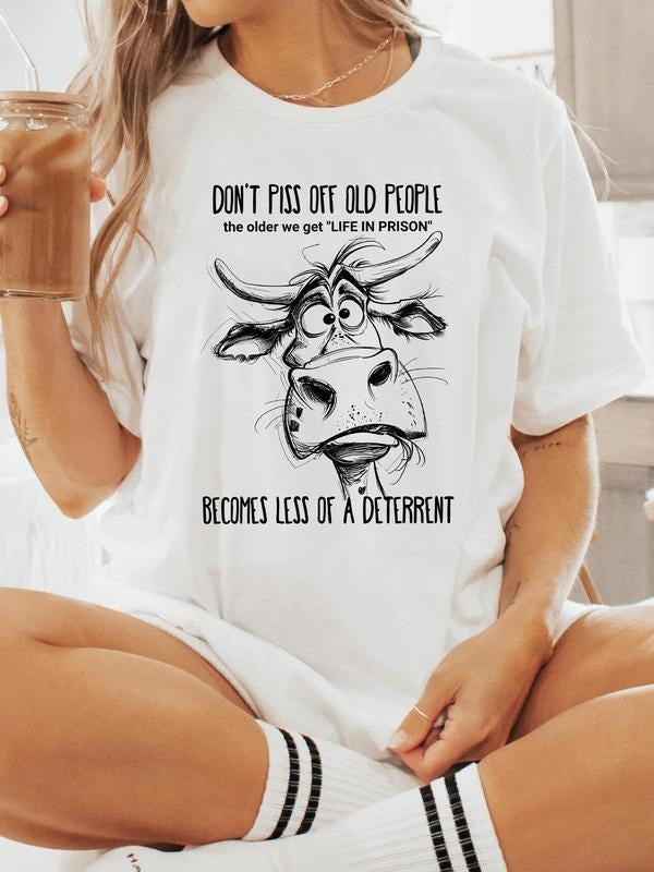 Cow & Letter Print Round Neck Casual Crew Neck Daily Vacation Outdoor Clothes All Seasons T-Shirts, Hoodie, Sweatshirt